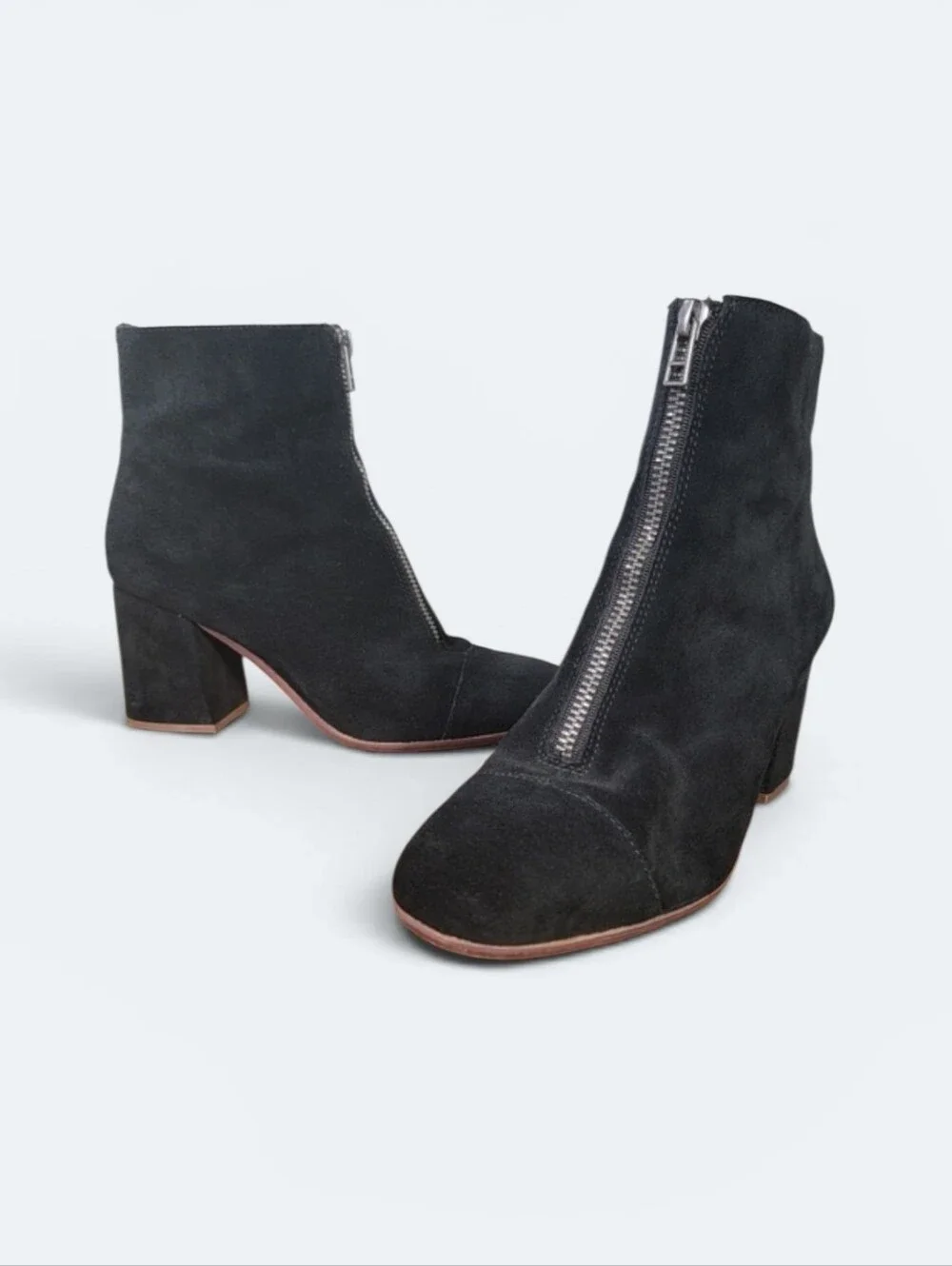Madewell The Amalia Suede Front Zip Ankle Boots Black Size 6 Block Heel Retro